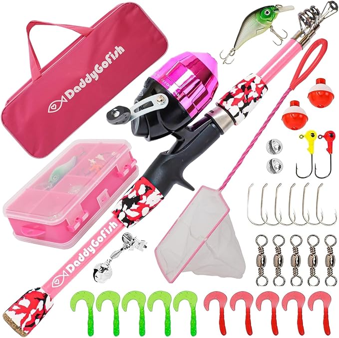 DaddyGoFish Kids Fishing Pole - Rod Reel Combo Tackle Box Starter Set - First Year Small Gear Kit for Boys Girls Toddler Youth Age Beginner Little Children