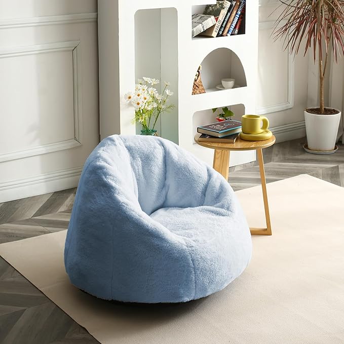 N&V Small Bean Bag Chair for Kids, Children Mini Bean Bag Sack, Foam Filling, Includes Removable and Machine Washable Cover, 27in, Soft Faux Fur (Grey)