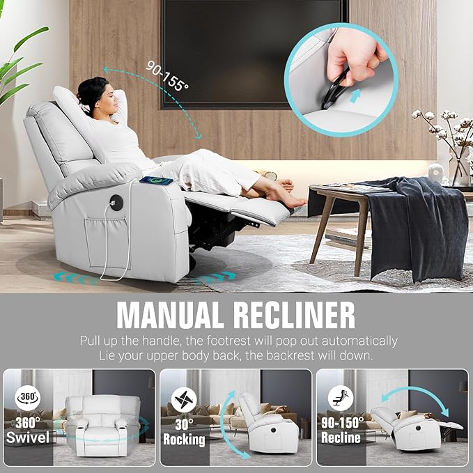 Rocking Recliner Chair, Massage Rocker Recliner Chair with Vibration Massage and Heat, USB and Type-C Ports,360° Swivel Faux Leather Chairs, Living Room, Bedroom, Nursery, RV, Light Grey