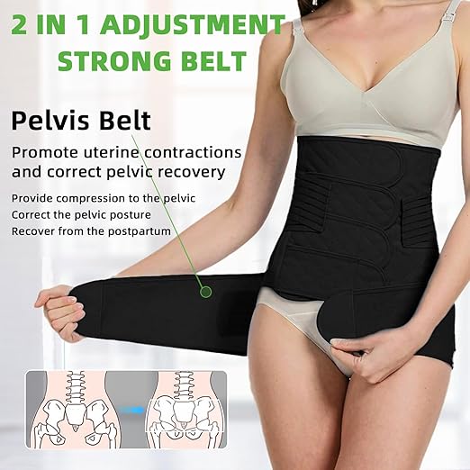 2 in 1 Postpartum Belly Band Wrap Black, C-Section Support Belt Large, Post Partum Support Recovery Waist/Pelvis Belt, Hysterectomy Belly Band Binder Girdle Stomach