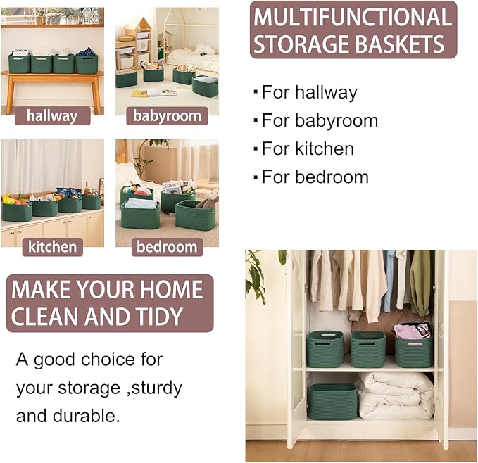 OIAHOMY 4 Pack Storage Baskets for Organizing, Cube Storage Bins for Shelves, Rectangle Storage Baskets With Handles, Woven Baskets for Storage, 12.7''Lx9''Wx7.8''H, Green