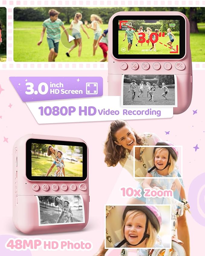 Kids Camera Instant Print for Girls Ages 3-14, 3-inch HD Screen Camera for Kids with Printing Paper, 1080P Digital Toddler Toys for 4 5 6 7 8 9 10 11 12 Years Old (Pink)