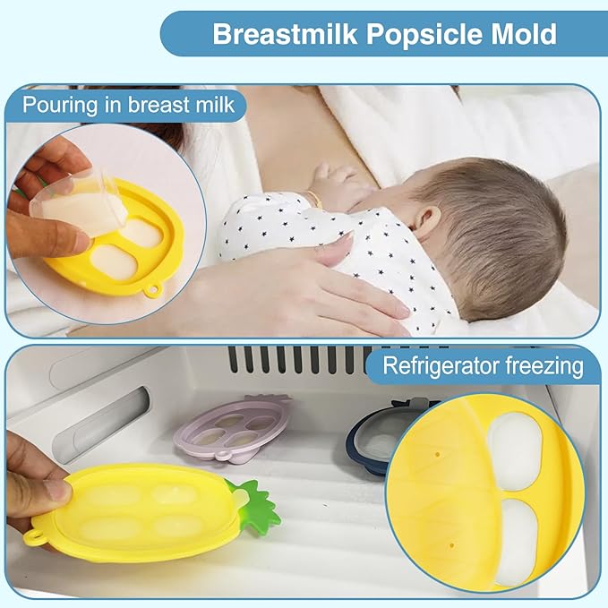 Baby Fruit Food Feeder - Silicone Nibble Tray Combo - Breastmilk Popsicle Mold for Cooling Relief, BPA Free Mesh Feeder for Infant Self Feeding (Monkey Blue + Pineapple)