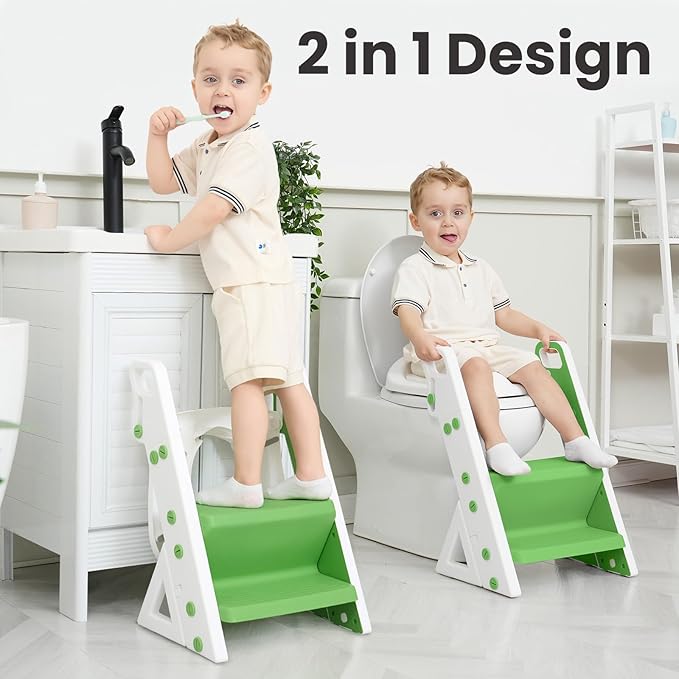 Primlect Space-Saving Potty Training Seat with Ladder, Adjustable Step and Toilet Seat Height, Top Handles for Easy Climbing, Easy to Carry, Portable Toddler Toilet Trainer for Small Bathrooms