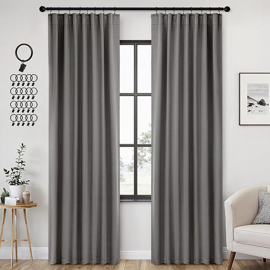 ANRODUO Back Tab Blackout Curtains for Bedroom Living Room, Rod Pocket Pinch Pleated Thermal Insulated Room Darkening Curtains 92 Inches Long 2 Panels, Grey, 42 x 92 Inch