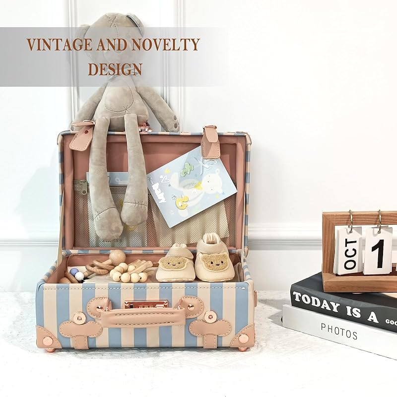 Unitravel Baby Keepsake Case, 13" Handmade Memory Storage Box, Newborn Keepsake Box, Vintage Suitcase for Baby Shower, Baptism, Naming Ceremony or Birthday (blue strip)