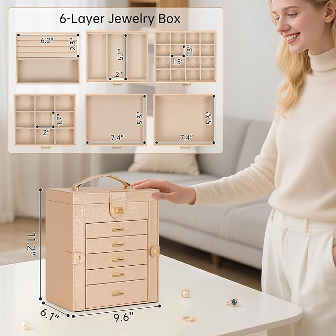 AKOZLIN 6-Tier Jewelry Box Organizer Functional 5 Drawers Leather Jewelry Storage Case for Women Girls Ring Necklace Earring Bracelet Holder Organizer with Mirror Champagne