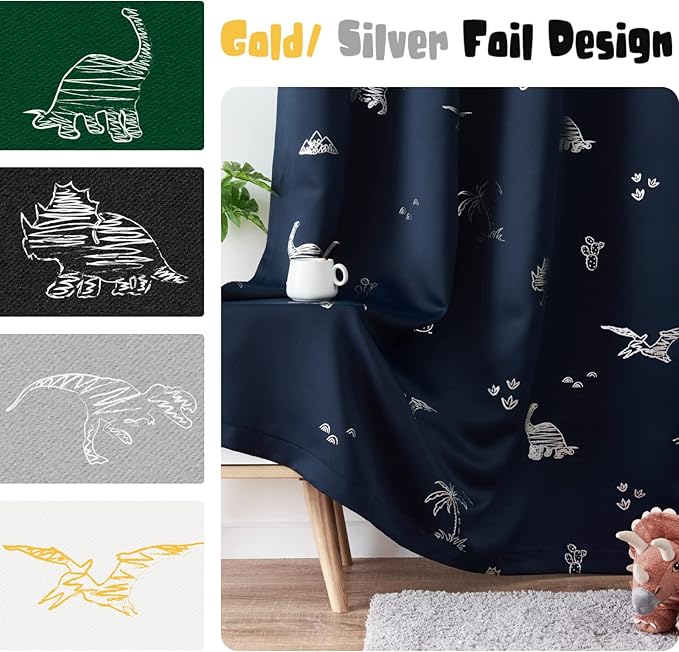 Vangao Kids Curtains Navy Blue Blackout Dinosaur Curtains for Boys Kids Nursery Girls Room Silver Dino Foil Print Thermal Insulated Drapes Grommet Top Window Treatments 63 Inches Length 2 Panels