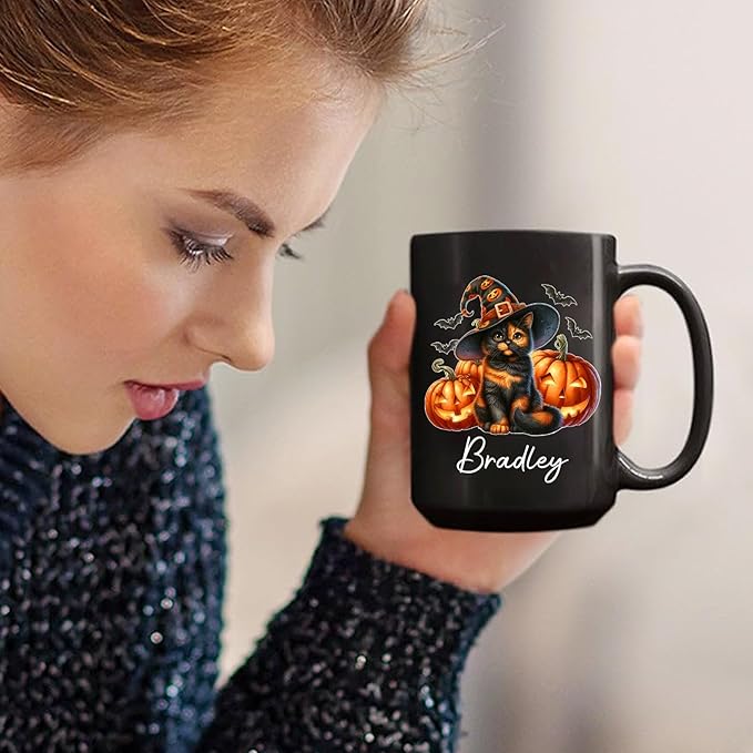 Personalized Tortoiseshell Pumpkins Black Ceramic Cup, Halloween Tortoiseshell Coffee Mug Gift for Cat Lover, Customized Pet's Name Cup 11oz 15oz, Spooky Halloween Cat Mug, Pet Lover Present