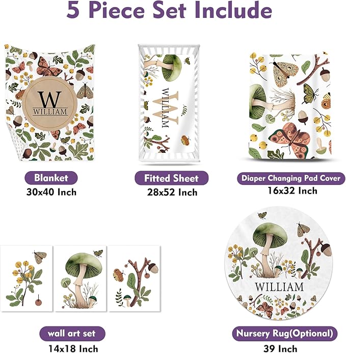 Personalized Baby Crib Bedding Set for Baby Boys Girls, Mushroom Design Custom Name Baby Crib Sets 5-Pcs, Toddler Double Layer Blanket Fitted Sheets Changing Pad Cover Rug Wall Art Set