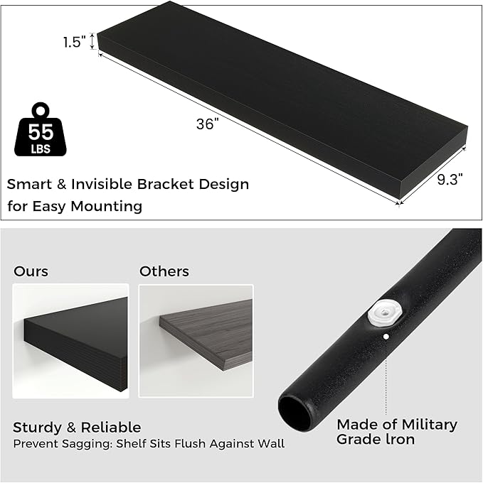 Floating Shelves - 2 Large Wall Mounted Shelves with Invisible Brackets, Long Wood Floating Wall Shelf for Living Room, Bedroom, Kitchen (Black, 36" W x 9" D x 1.5" H)