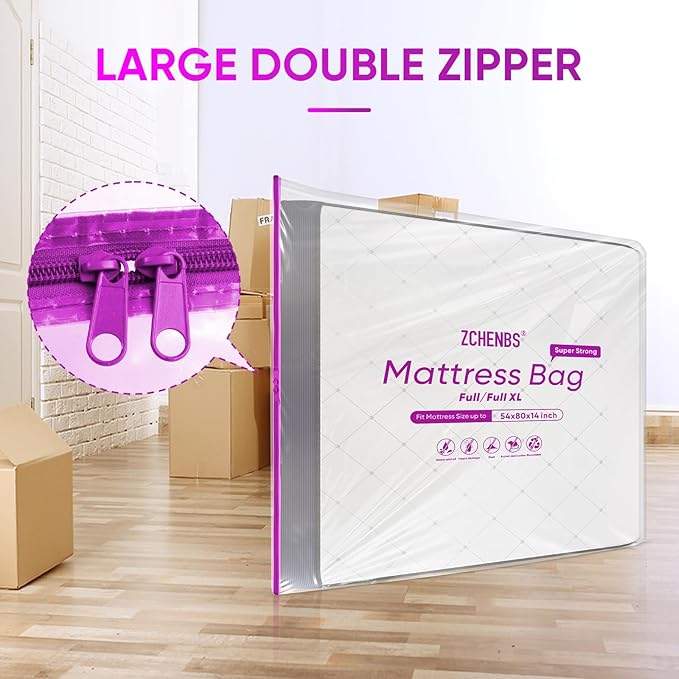 ZCHENBS® – Mattress Bags for Moving and Storage,Mattress Bag with Zippers,5 Mil Ultra-Thick Bed Bag,Waterproof,Anti-Tear,Heavy-Duty Mattress bag (Tansparent/Purple, Full/Full XL-(2 Pack))