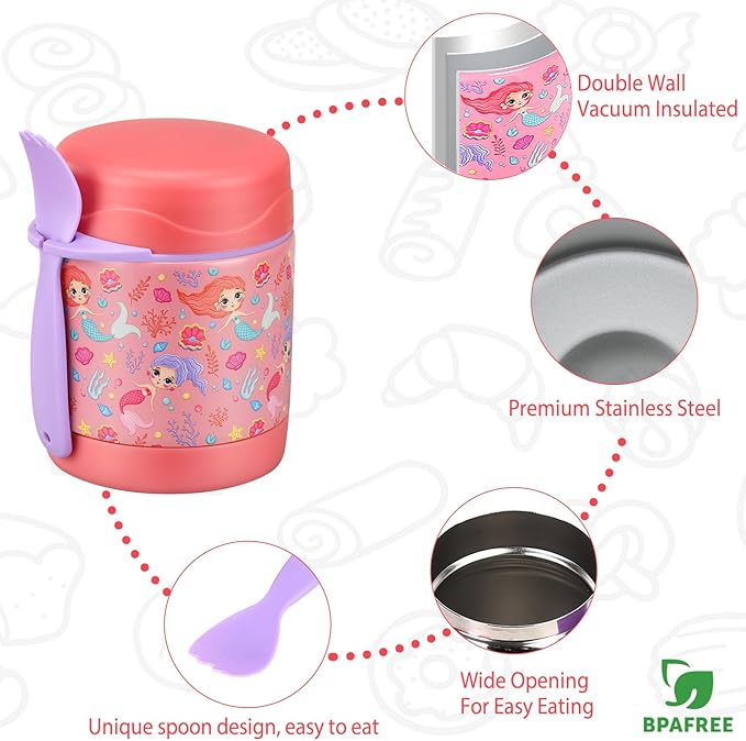 10oz Soup Thermo for Hot Food Kids,Lunch Thermo Kids Food Jar with Spoon Hot Insulated Food Containers,Leak Proof Stainless Steel Wide Mouth Lunch Food Thermo Jar for School(Pink-Mermaid)
