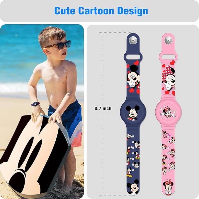 Waterproof Airtag Bracelet for Kids [2 Pack], Cute Cartoon Air Tag Holder for Kids with Full Coverage Hidden Design, Silicone Airtag Wristband for Child, Healthy Material Blue + Pink