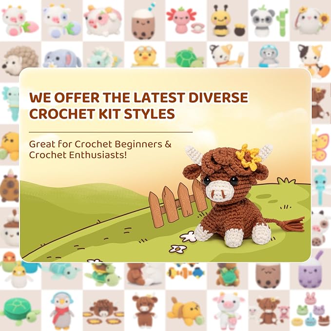 Mewaii Crochet Kit for Beginners Level 3 with 40% Extra Eco-Friendly Pre-Started Easy Yarn, Step-by-Step Video Tutorials for Adults and Kids (Highland Cow)