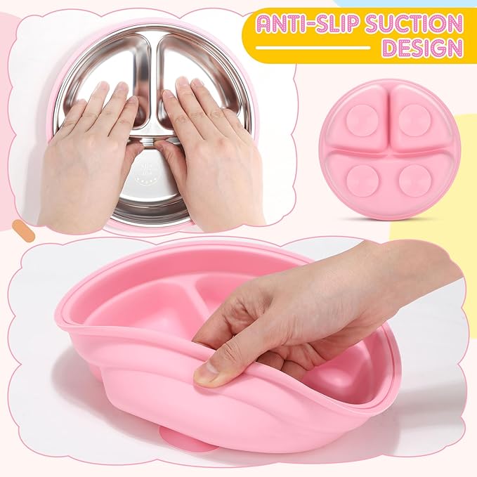 Nuogo 4 Pcs Stainless Steel Baby Suction Plates with Removable Silicone Shell 2-in-1 Metal Toddler Bowl Divided for Picky Eaters Kid Feeding Led Weaning Supply, Dishwasher Safe (Macaron Series)