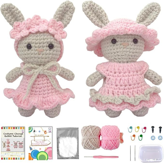 LoopMap Beginner Crochet Kit for Adults & Kids - DIY Amigurumi Bunny with Removable Dress & Accessories - Step-by-Step Video Tutorials, Extra Yarn, Crochet Tools - Handmade Gift (Bunny-Pink)