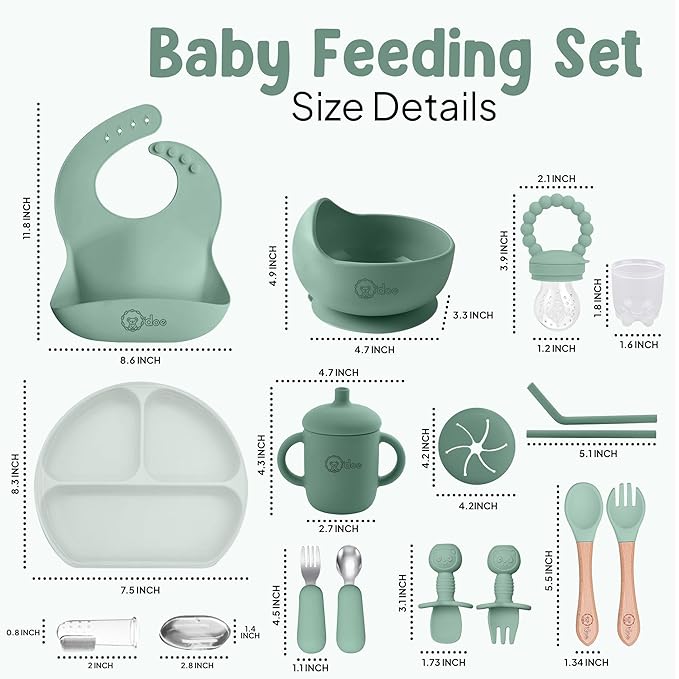 O'doe 17-Piece BPA-Free Silicone Baby Feeding Set | Thick & Soft Suction Plates, Baby Bowls, Wooden Fork & Spoon, and More | Make Mealtime Fun and Easy for Your Little One (Green, V2)