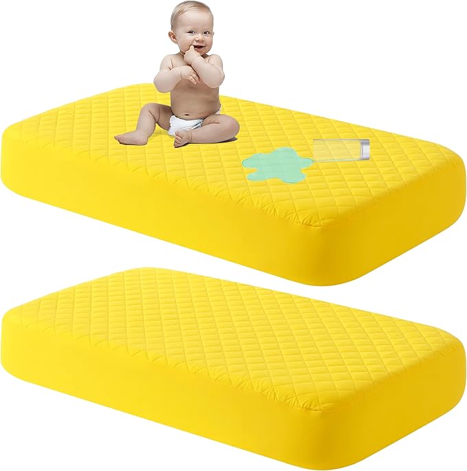 NTBAY 2 Pack Waterproof Mini Crib Mattress Protector, Quilted 24"x38" Fitted Mattress Cover - Machine Washable - Soft and Breathable Baby Mattress Pad Sheet for Mini Crib and Baby Playards, Yellow
