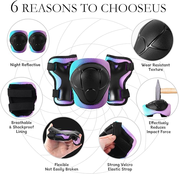 Adjustable Kids Bike Helmet with Knee & Elbow Pads Set, Color Gradient Design for Boys and Girls Aged 3-14+, for Skateboarding, Scooter, Roller & Inline Skating, Longboard