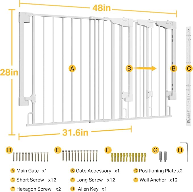 Cumbor 31.6-48" No Bottom Bar Baby Gate for Stairs, 2-in-1 Auto Close Dog Gate Indoor, Hardware Mounted Pet Gate for Doorways with Large Walk Thru Door, Child-Proof Safety Gate for Kids (White)
