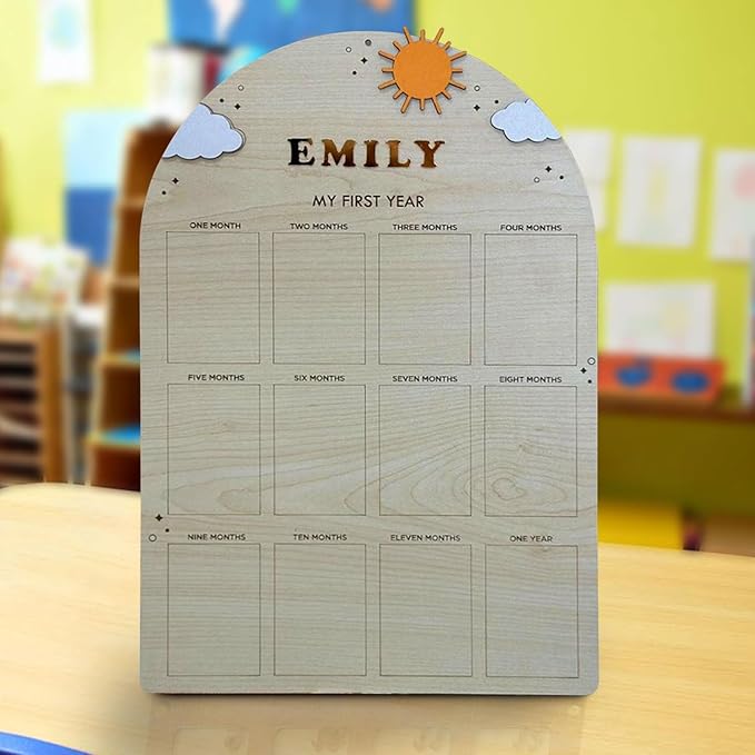 V-DECORPARKS Personalized My First Year Photo Frame | 12 Months Picture Frame For Baby First Year | Displays Twelve 2x3 Pictures | Birthday Party Decor Newborn Memory Keepsake