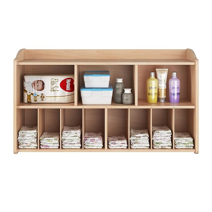 Foundations Serenity Wooden Diaper Organizer for Daycares, 3 Large & 8 Small Storage Compartments, Natural Wood Construction, Maximum Durability (Natural)