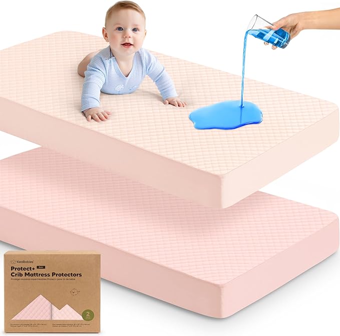 Waterproof Crib Mattress Protector Cover Fitted - 2-Pack Quiet Baby Crib Mattress Pad Sheets, 52" x 28" Soft Quilted Cotton Baby Sheet, Machine Washable, Easy Fit, Durable (Mist Rose/Quin)