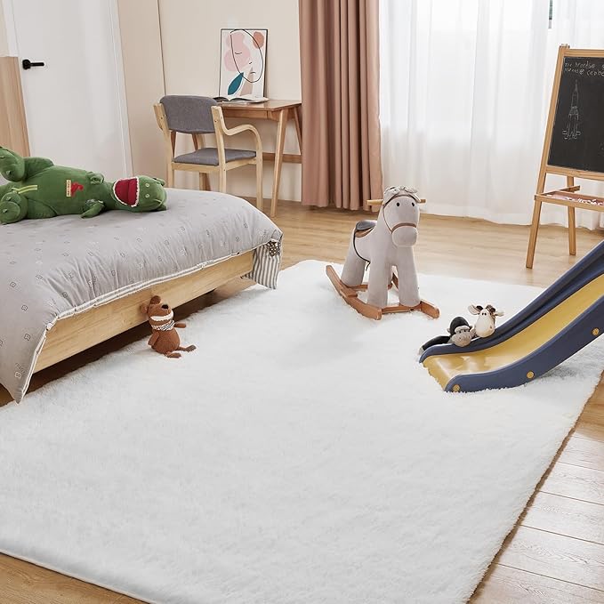 Fluffy Shag Area Rug, 4x6 White Rugs for Bedroom, Soft Plush Area Rugs for Living Room, Non-Slip Indoor Carpet for Nursery, Study Room, Dressing Room, Home Decor