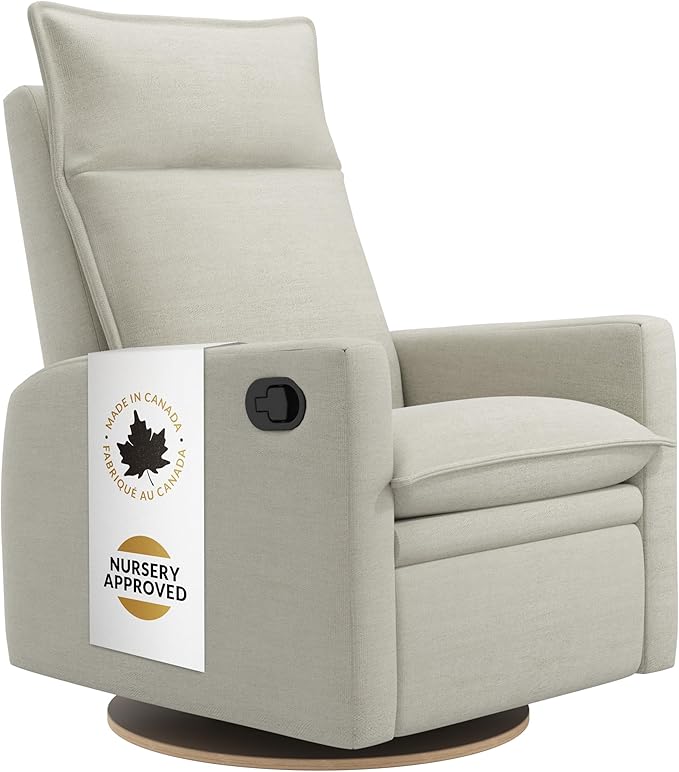 Jaymar Arya Modern Nursery Glider Recliner Chair – Cozy Nursing Chair with 360° Swivel for New Parents, Gentle Motion, Compact Design, High Back & Low Armrests, Canadian Made (Sand/Como Fabric)