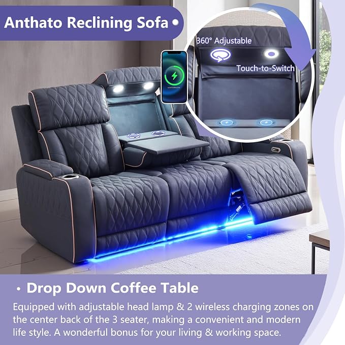 Power Reclining Sofa Set, Living Room Furniture Sets, Leather Recliner Sofa & - Image 4
