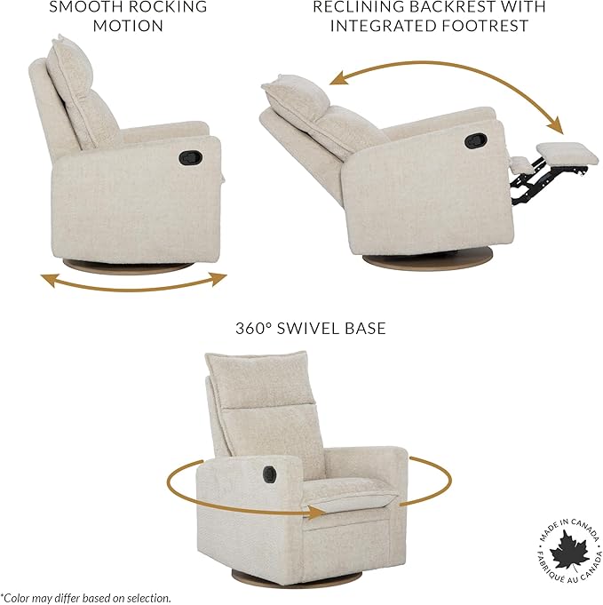 Arya Modern Nursery Glider Recliner Chair – Cozy Nursing Chair with 360° Swivel for New Parents, Gentle Motion, Compact Design, High Back & Low Armrests, Canadian Made (Heather Pearl/Arlo Fabric)