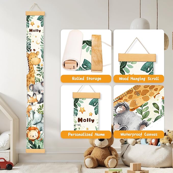 Personalized Name Baby Growth Height Chart Handing Ruler Wall Decor for Kids, Animals Canvas Removable Height Growth Chart, Nursery Decor, Toddler Kid Room Decoration, Hangable