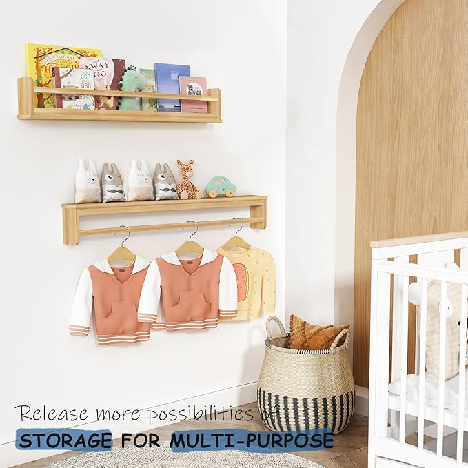Upgraded Wooden Wall Bookshelf for Kids Books, Large Nursery Floating Shelves for Kids Bedroom, Natural Wood Wall Bookshelves for Teens Toddlers Living Room Decor (36 Inch Long 3-Pack)