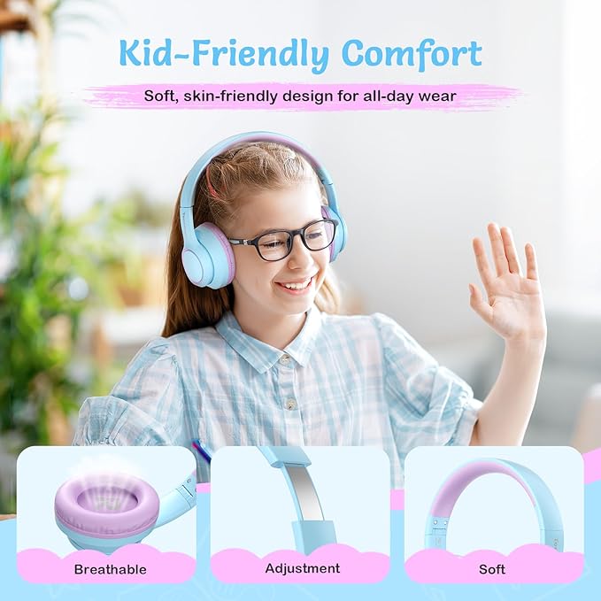 Active Noise Cancelling Headphones for Kids, 60H Playtime,Purple Wireless Bluetooth Over-Ear Headset Built-in Microphone for Home/School/Travel/Party - Includes Portable Case
