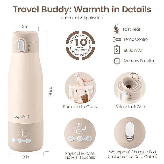 Portable Bottle Warmer for Travel, 12 Oz Milk Warmer for Breastmilk Formula Water, 3 Mins Fast Heating, Long Battery Life, 5 Levels Smart Temp Control, Ideal for Night Feeding, Travel, Car