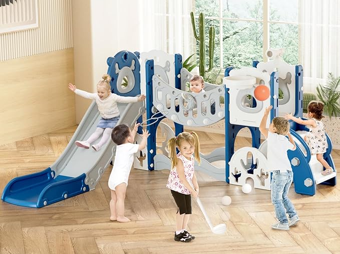YUFU Toddler Slide Set, 11 in 1 Kids Slide for Toddlers 1-3, Toddler Playset with Climbing Bridge, Golf Set, Basketball Hoop, Indoor Outdoor Playground (Blue)