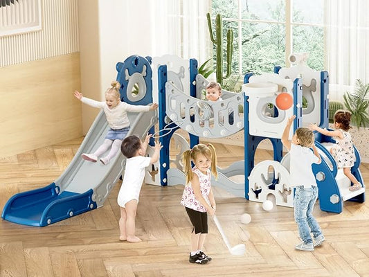 YUFU Toddler Slide Set, 11 in 1 Kids Slide for Toddlers 1-3, Toddler Playset with Climbing Bridge, Golf Set, Basketball Hoop, Indoor Outdoor Playground (Blue)