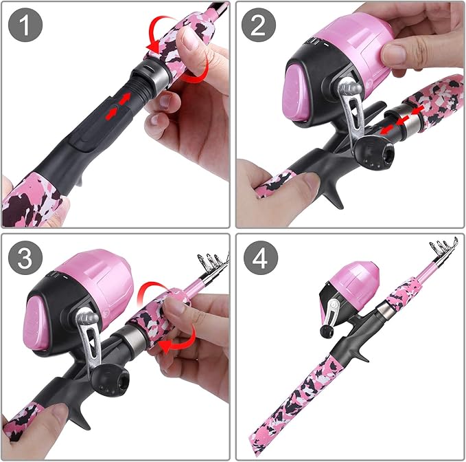 ODDSPRO Kids Fishing Pole Pink, Portable Telescopic Fishing Rod and Reel Combo Kit - with Spincast Fishing Reel Tackle Box for Girls, Youth