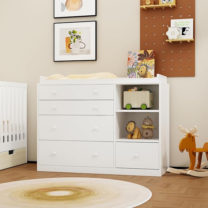 Changing Table Dresser, Baby Classic Nursery Dresser with 5 Drawers and 2 Shelves, Multi-Functional Baby Changing Table, Diaper Changing Station for Children's Room, White