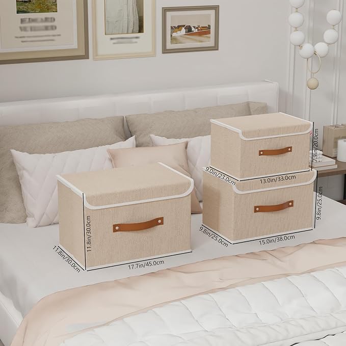 Yawinhe Collapsible Storage Boxes, Linen Fabric Baskets, Bin with lid and Leather Handle, Washable, for Home, Closet, Beige, 17.7''Lx11.8''Wx11.8''H, 1-Pack, USNK024BEX-1