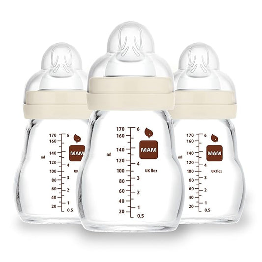 MAM Premium Glass Baby Bottles, Easy Switch Between Breast and Bottle, Feel Good Slow Flow, Newborn Essentials Must Have, 0+ Months, BPA Free, 6oz, Unisex, 3 Pack