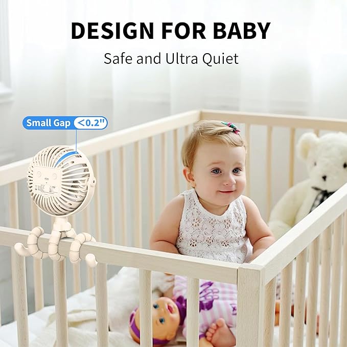 AMACOOL Battery Operated Stroller Fan Flexible Tripod Clip On Fan with 3 Speeds and Rotatable Handheld Personal Fans for Car Seat Crib Bike Treadmill (Beige)