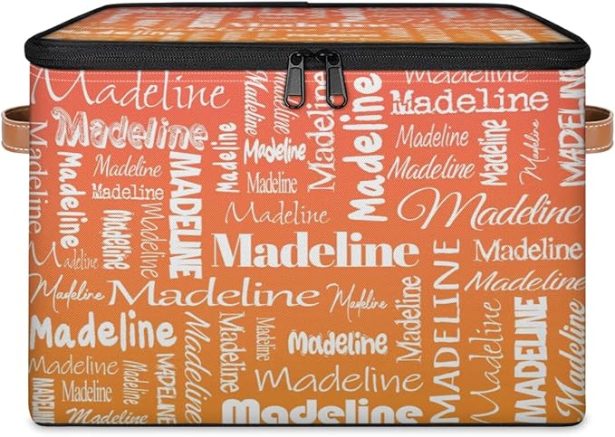 Custom Storage Basket with Name, Personalized Storage Bins with Zipper Lid, Foldable Fabric Storage Box Large capacity with Handle Orange