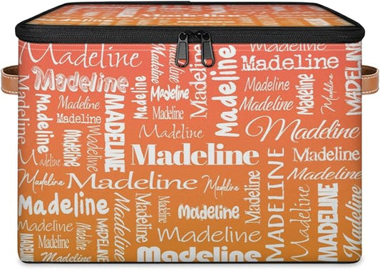 Custom Storage Basket with Name, Personalized Storage Bins with Zipper Lid, Foldable Fabric Storage Box Large capacity with Handle Orange