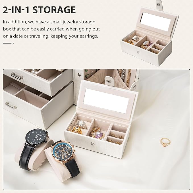 AKOZLIN 4-Tier Jewelry Box Lockable Leather Jewelry Storage Case Organizer with 3 Drawers for Women Girls Ring Necklace Earring Bracelet Watches Holder with Mirror