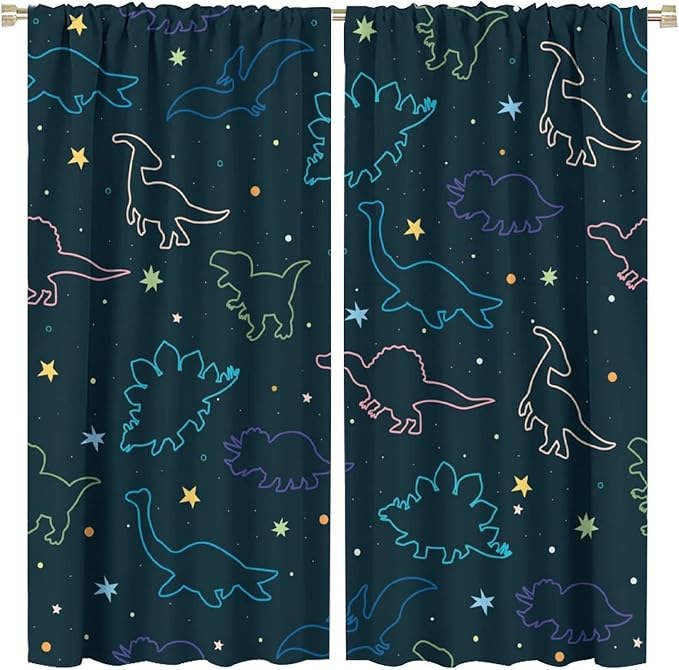 Cartoon Colorful Dinosaur Curtains for Kids Boys Girls Home Decor, Astronaut Funny Outer Space Star Blackout Rod Pocket Window Drapes for Bedroom Living Room W21xL54in 2 Panels