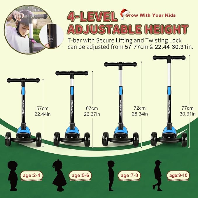 Besrey Kick Scooter for Kids Ages 3-10, 3-Wheel Folding Scooter with Adjustable Height, LED Light Wheels, Extra Wide Deck for Outdoor Activities