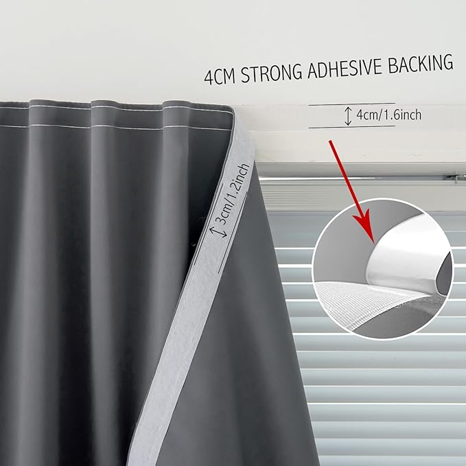 Magic Tape Stick On Curtains Window Shades Pull Down Blackout Window Cover Blackout Curtains for Bedroom No Drillng Self Adhesive Curtains No Rod Small Curtain, 59" W X 59" L, Grey, 1 Panel