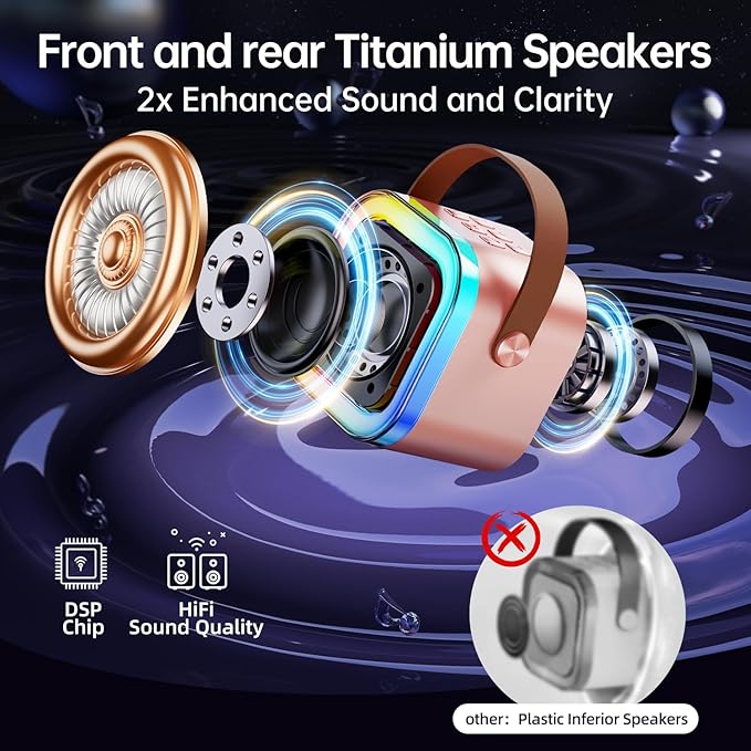 Kinglucky Mini Karaoke Machine for Kids, 2025 TOP Birthday Gifts Ideas for 3-12 Year Old Girls, Christmas Party Gifts Kids' Personal Video Players Accessories with 2 Wireless Microphones - Rose Gold